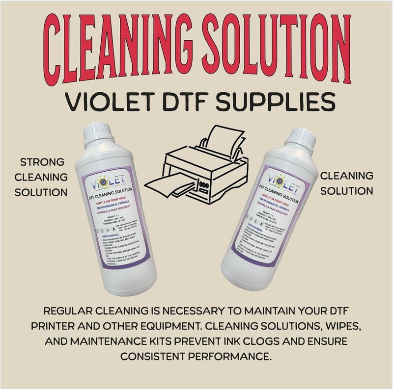 VIOLET DTF TRANSFER محلول تنظيف DTF 1000 مل – منظف رأس الطباعة لجميع طابعات DTF بما في ذلك Ep-son I3200-A1، 1600-A1، L1800، TX805 – سائل تنظيف فوهات الطباعة لإزالة الانسداد والطباعة السلسة – يطيل عمر رأس الطباعة - Image 5